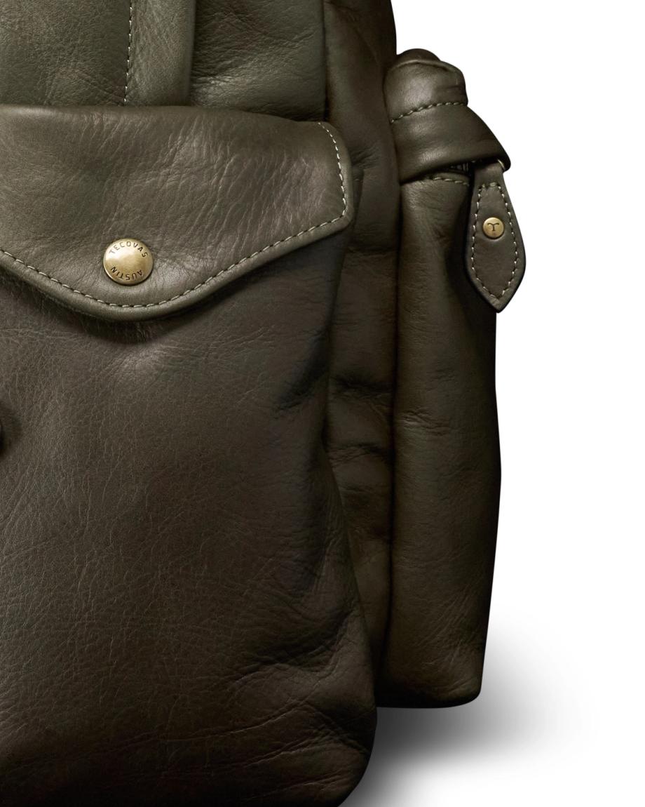 Closeup view of Men's Leather Backpack - Dark Olive