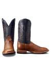 A pair of cowboy boots with brown leather feet and dark blue shafts featuring decorative stitching, shown from the front and side angles.