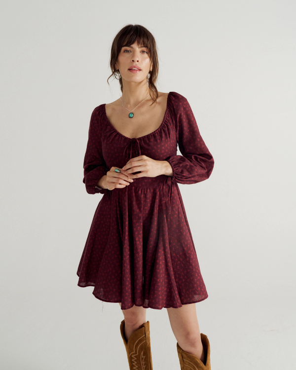 Front view of Women's L/S Mini Dress - Burgundy Floral on model
