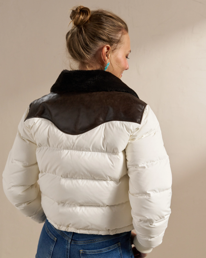 Back view of Women's Puffer Jacket - Cream on model