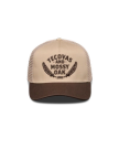 A tan and brown trucker hat with "Tecovas and Mossy Oak" and feather graphics embroidered on the front.