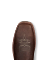 LongHaul Waterproof Square Composite Toe Work Boot in Tobacco / Black Cowhide. A close-up of the toe of a Tobacco / Black cowhide leather boot with white decorative stitching, set against a black background.