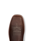 LongHaul Waterproof Square Composite Toe Work Boot in Tobacco / Black Cowhide. A close-up of the toe of a Tobacco / Black cowhide leather boot with white decorative stitching, set against a black background.