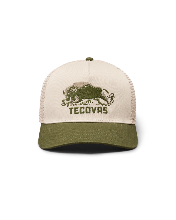 Front view of Bison Trucker - Cream/Moss on plain background