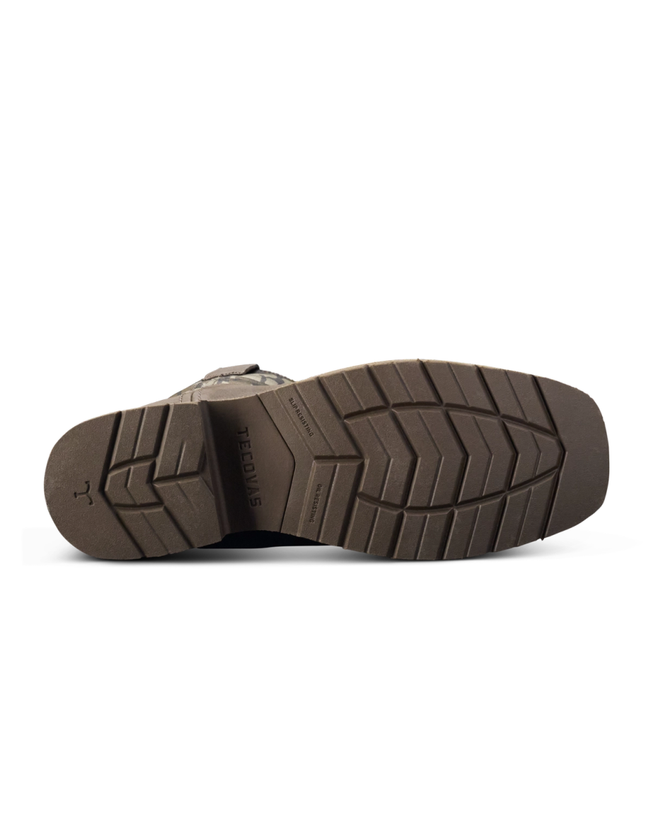 Toe view of Tecovas x Mossy Oak Rugged Square Toe - Umber II Cowhide on plain background