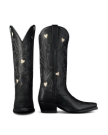 The Annie in Midnight Cowhide. A pair of black midnight cowhide cowboy boots with decorative stitching and small heart-shaped cutouts, shown from the front and side against a white background.