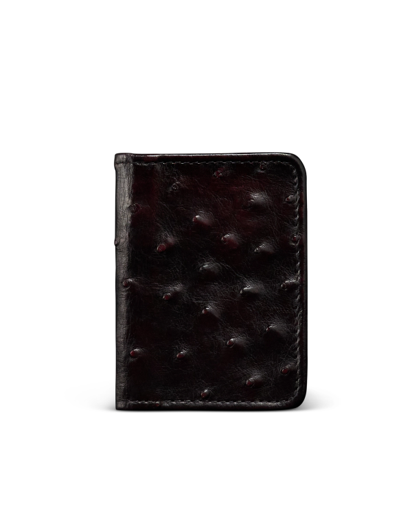 Front view of Ostrich Bifold Card Case - Black Cherry on plain background