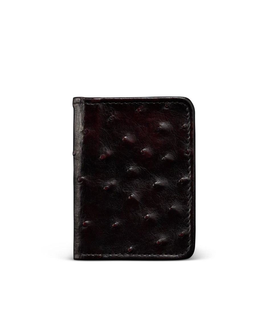 Front view of Ostrich Bifold Card Case - Black Cherry on plain background