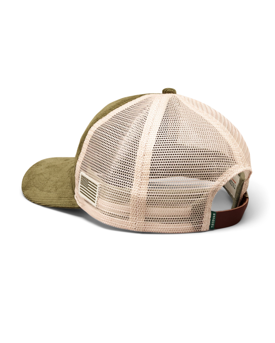 Quarterback view of Corduroy Tecovas American Trucker - Olive on plain background