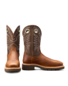 A pair of cowboy boots with brown leather uppers, intricate stitching, and durable soles.