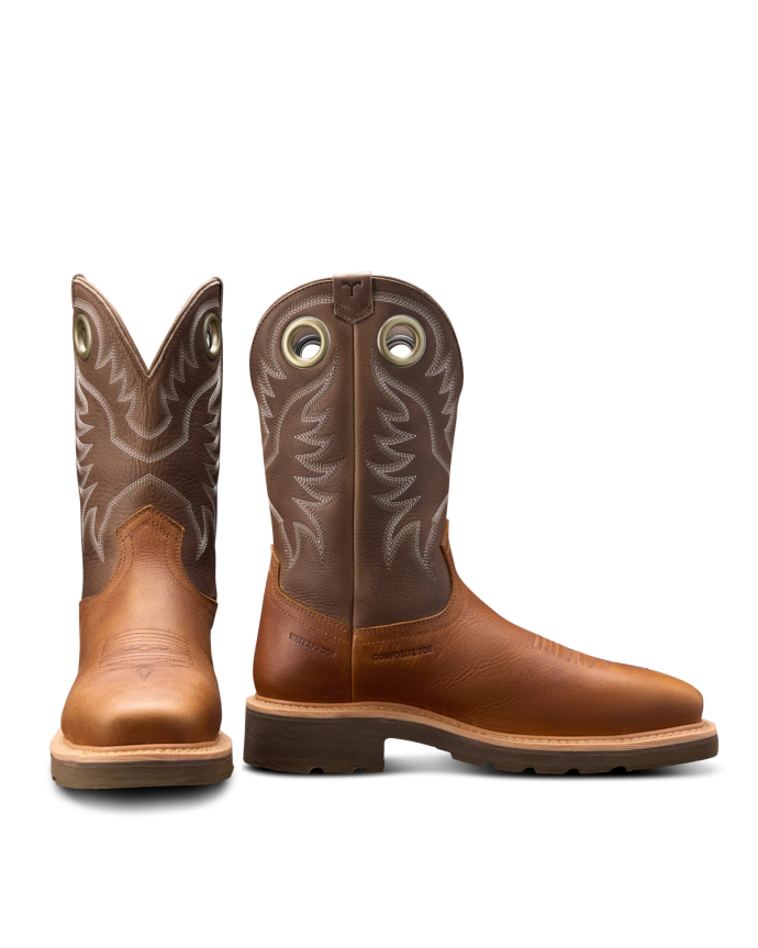 A pair of cowboy boots with brown leather uppers, intricate stitching, and durable soles.