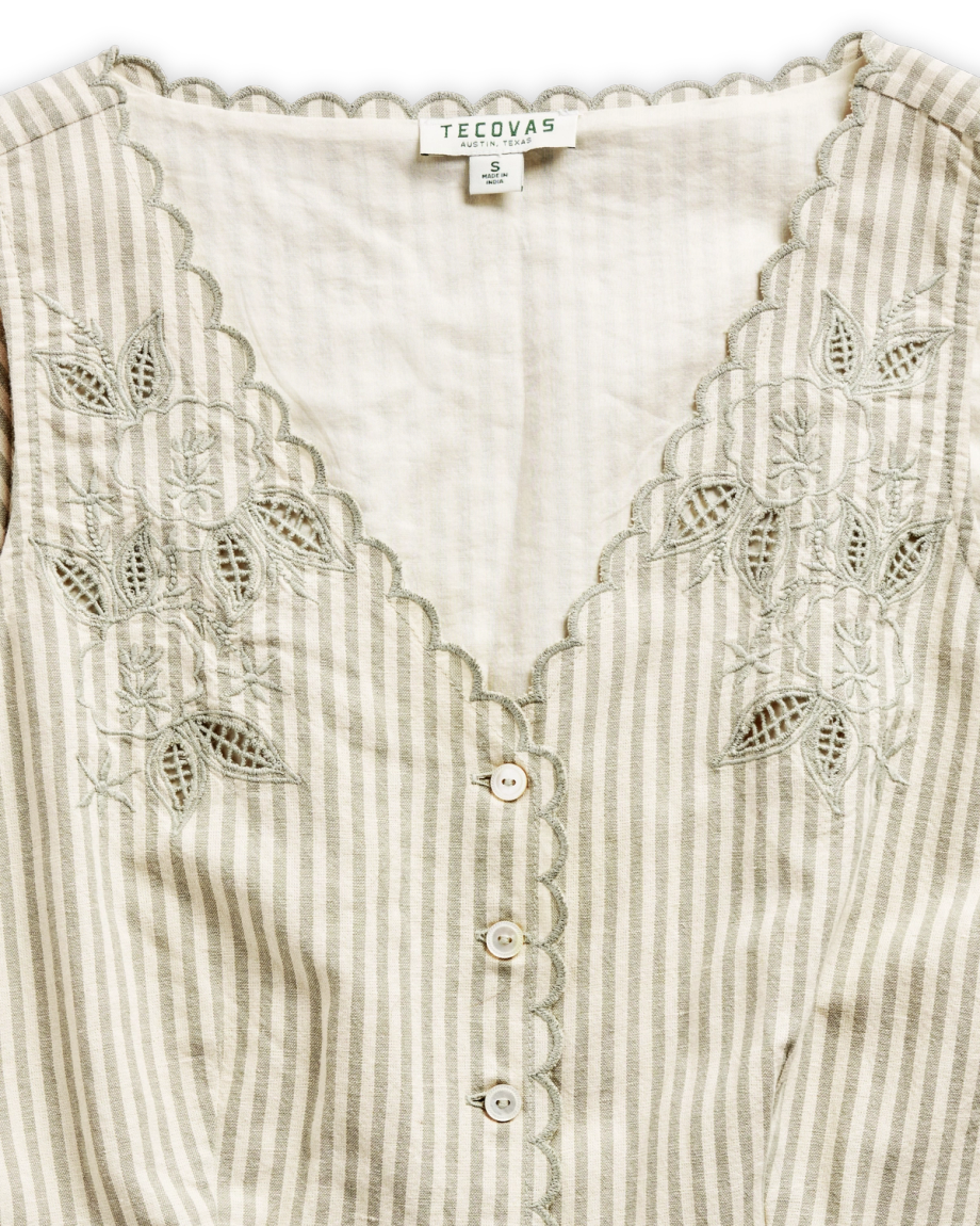 Closeup detail view of Women's Eyelet Linen Midi Dress - Green / White