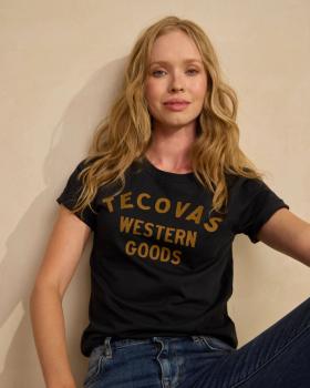 Woman Wearing the Tecovas Western Goods T Shirt. 