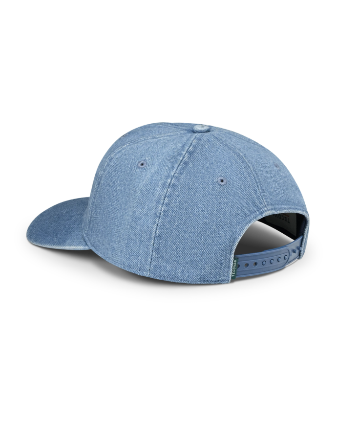 Quarterback view of Tecovas Western Wear Denim Hat - Blue on plain background