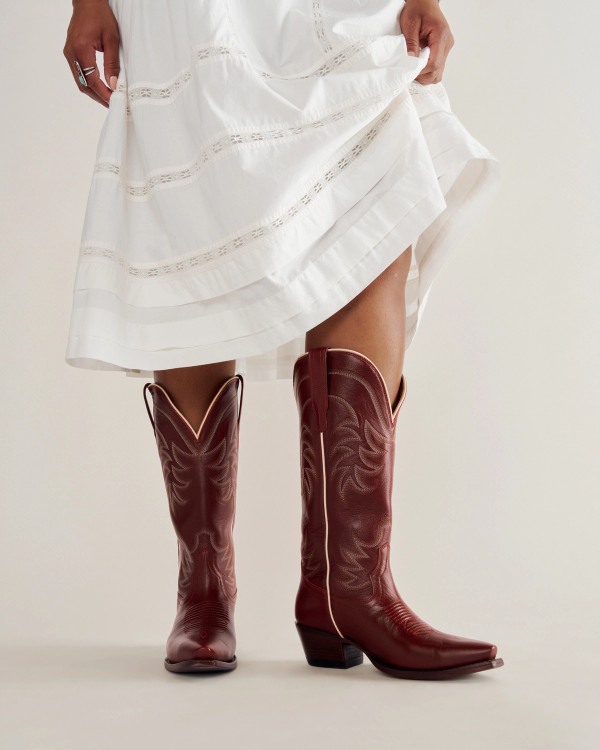 A person wearing a checkered skirt and red cowboy boots with decorative stitching, sitting on a wooden bench.