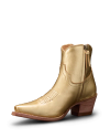 A golden leather ankle boot with a wooden block heel and side zipper, featuring decorative stitching on the upper part.