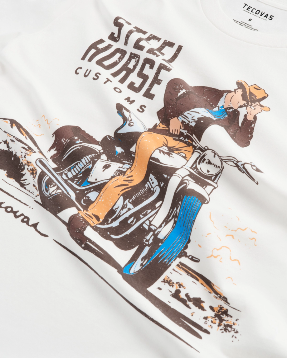 Closeup detail view of Men's Steel Horse Customs Tee SS - Bone / Multi