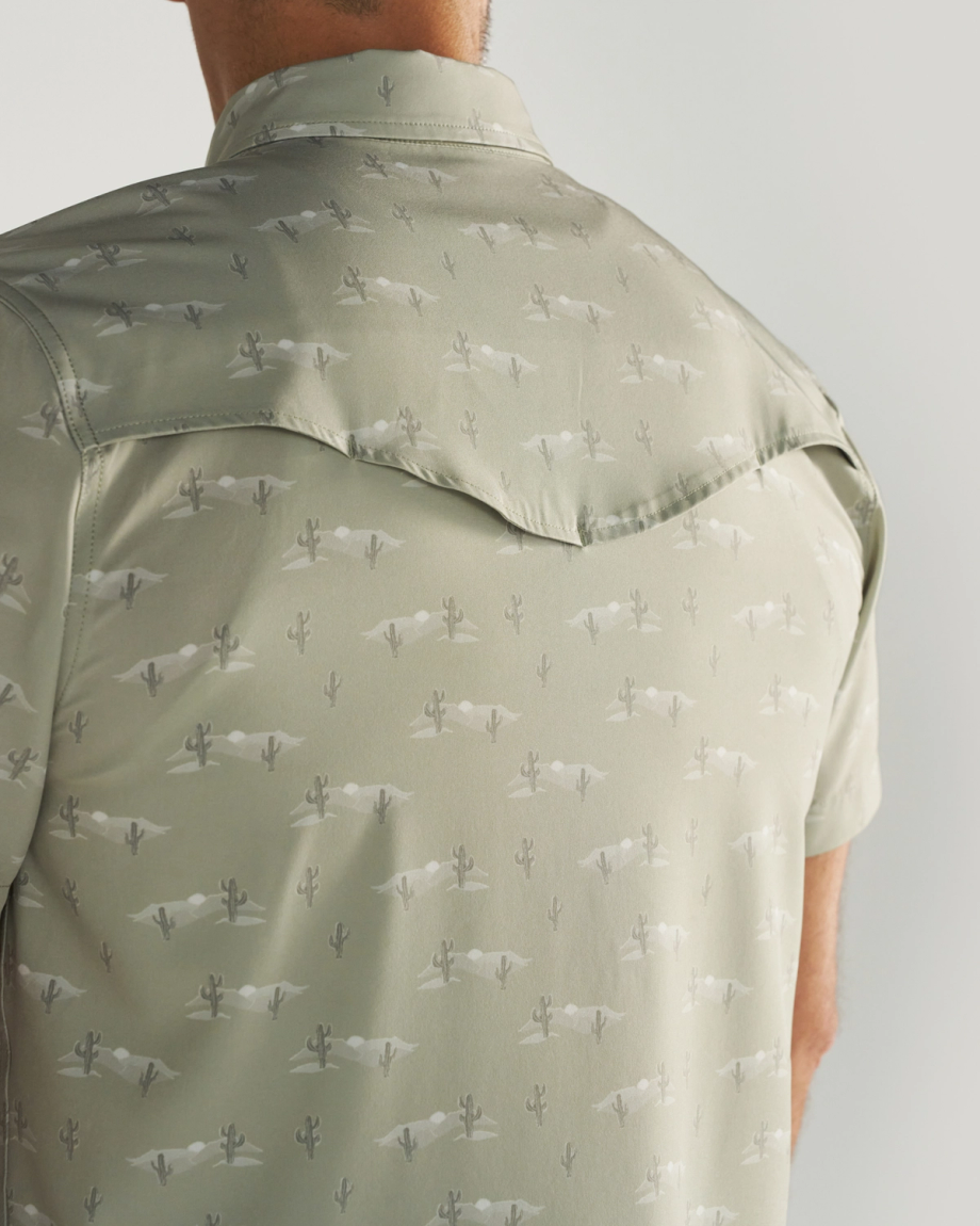 Closeup detail view of Men's Performance Western Short Sleeve Pearl Snap - Desert Sage/Light Sand