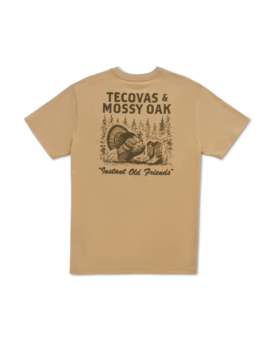 Back view of Men's Tecovas x Mossy Oak Turkey &amp; Boots T-Shirt - Khaki/Olive on plain background