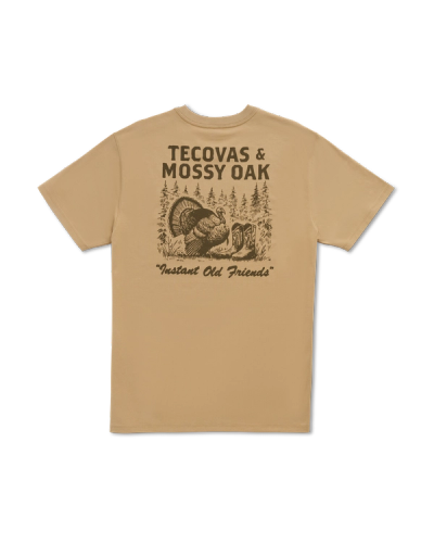 Back view of Men's Tecovas x Mossy Oak Turkey & Boots T-Shirt - Khaki/Olive on plain background