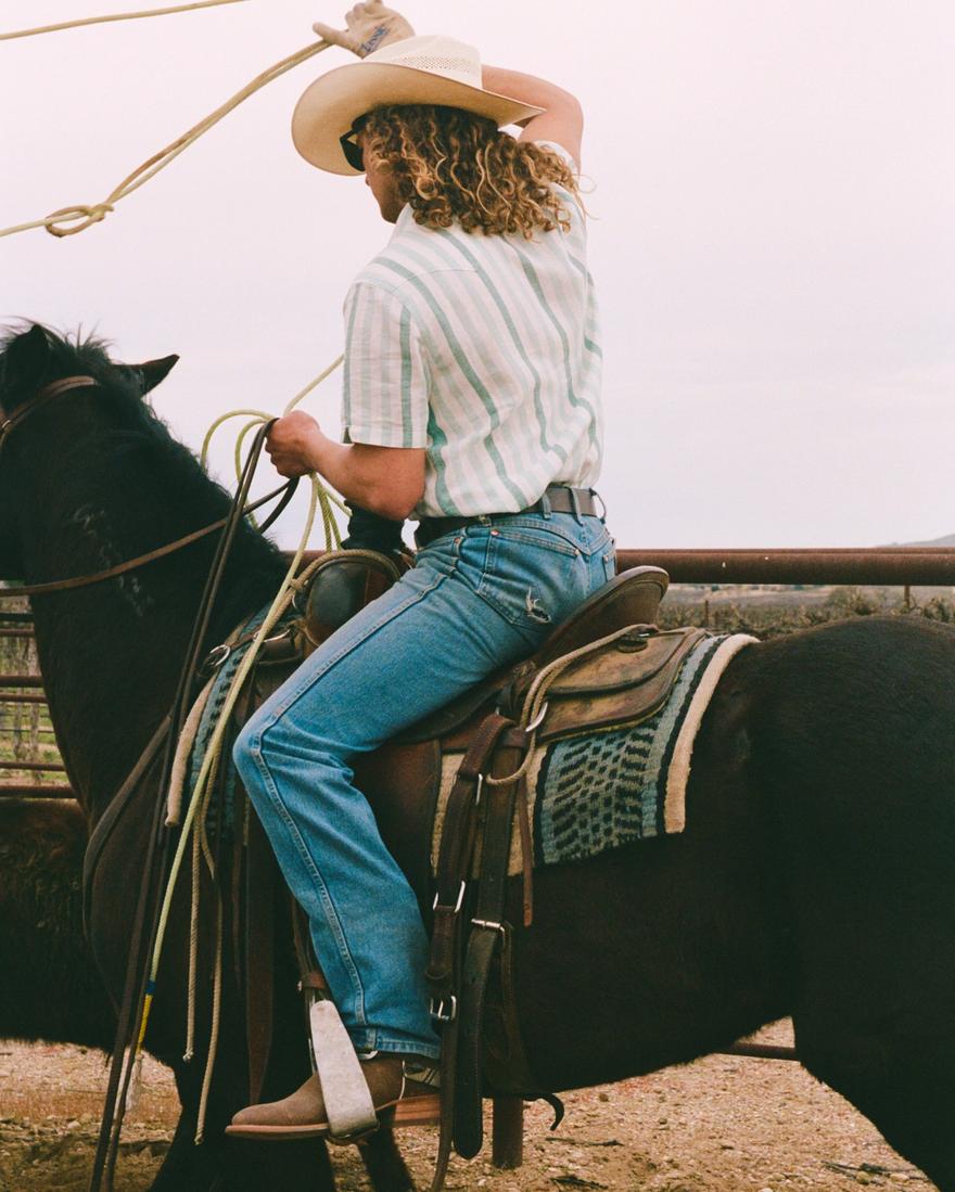 A person in a striped shirt, jeans, and cowboy hat rides a saddled horse, holding a lasso above their head in a ranch setting.