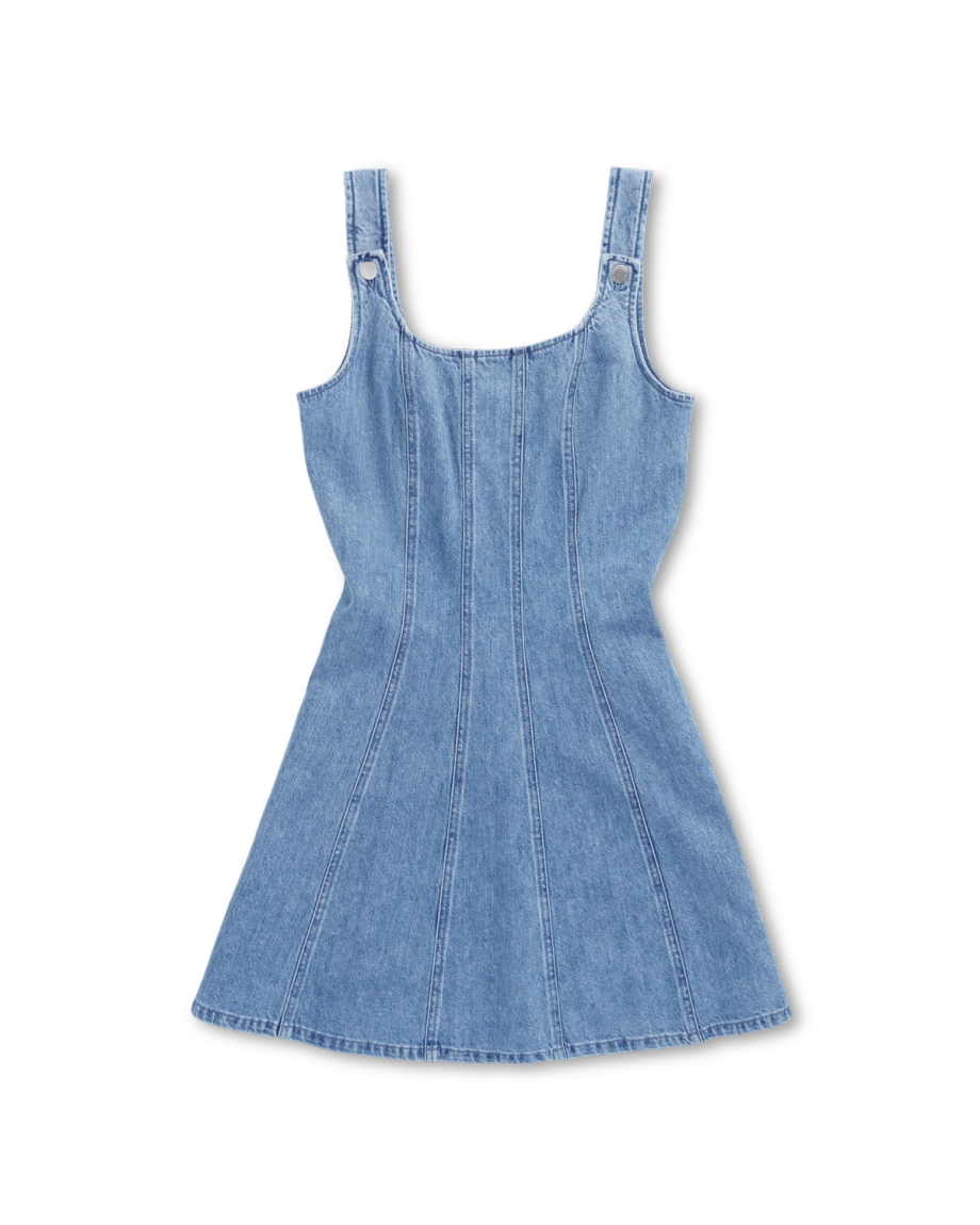 Front view of Women's Structured Mini Dress - Medium Wash on plain background