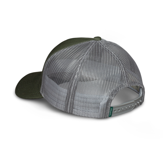 Quarterfront view of Quality Made Western Five-Panel Trucker Hat - Olive on plain background