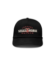Front view of Steel Horse Motors 5 Panel Mid Pro Hat - Black on plain background