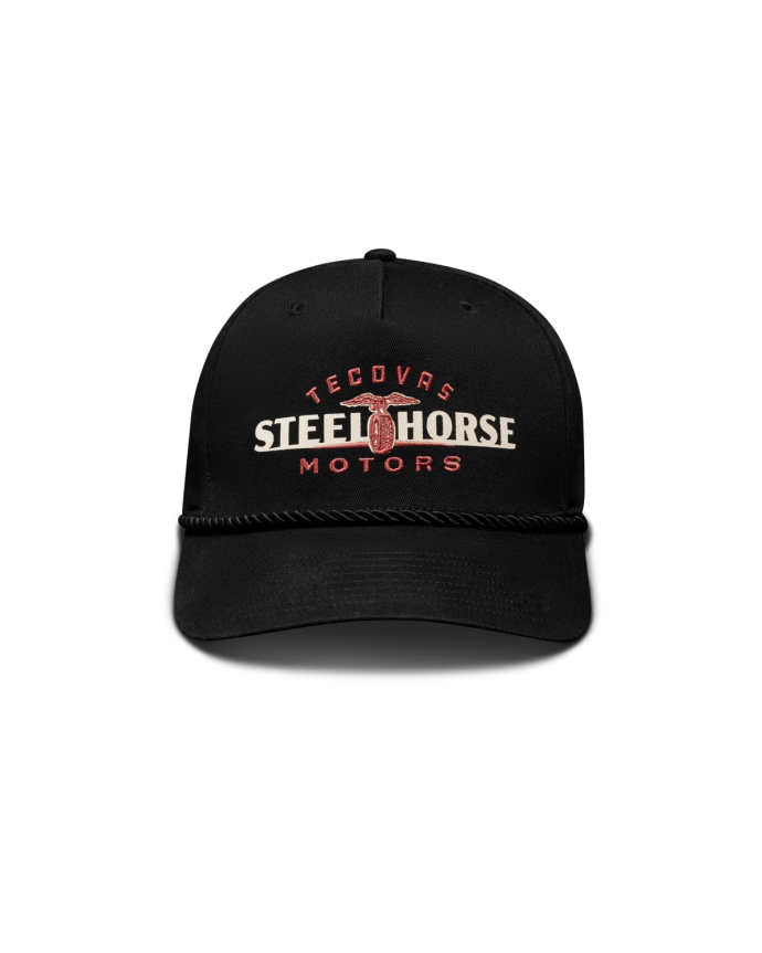 Front view of Steel Horse Motors 5 Panel Mid Pro Hat - Black on plain background