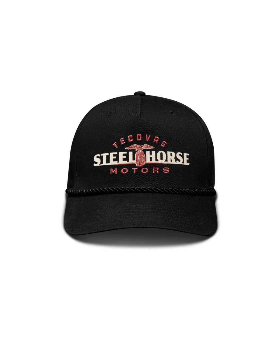 Front view of Steel Horse Motors 5 Panel Mid Pro Hat - Black on plain background