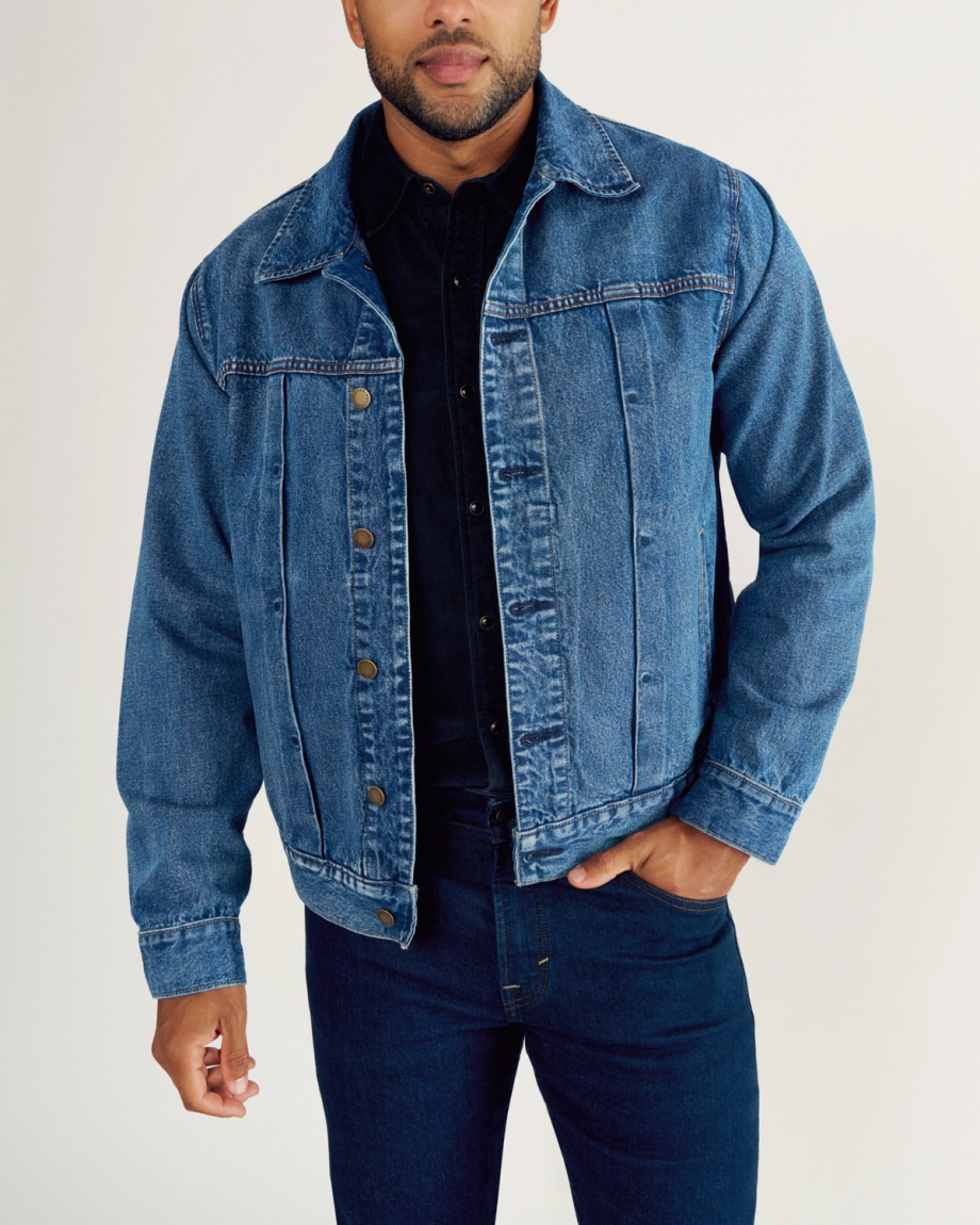 Front view of Men's Denim Ranch Hand Trucker - Medium Wash on model