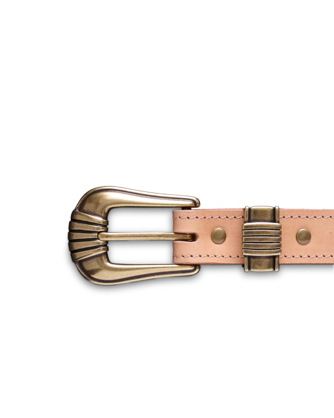 Image of the buckle of the women's art deco belt in tan