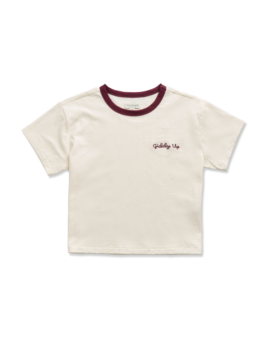 Front view of Women's Vintage Ringer Tee - Bone / Burgundy on plain background