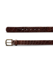 Brown leather belt with a crocodile texture, gold buckle, and multiple holes, displayed on a white background.