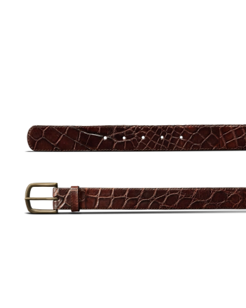 Brown leather belt with a crocodile texture, gold buckle, and multiple holes, displayed on a white background.