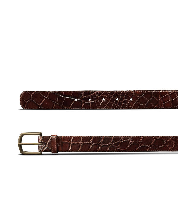 Brown leather belt with a crocodile texture, gold buckle, and multiple holes, displayed on a white background.