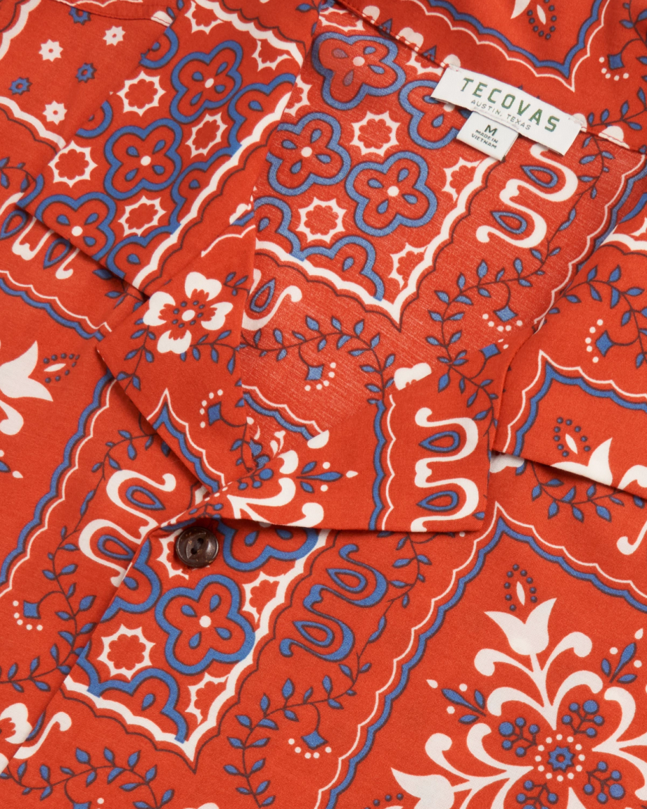 Closeup detail view of Men's Lakeside Camp Shirt - Terracotta/Multi