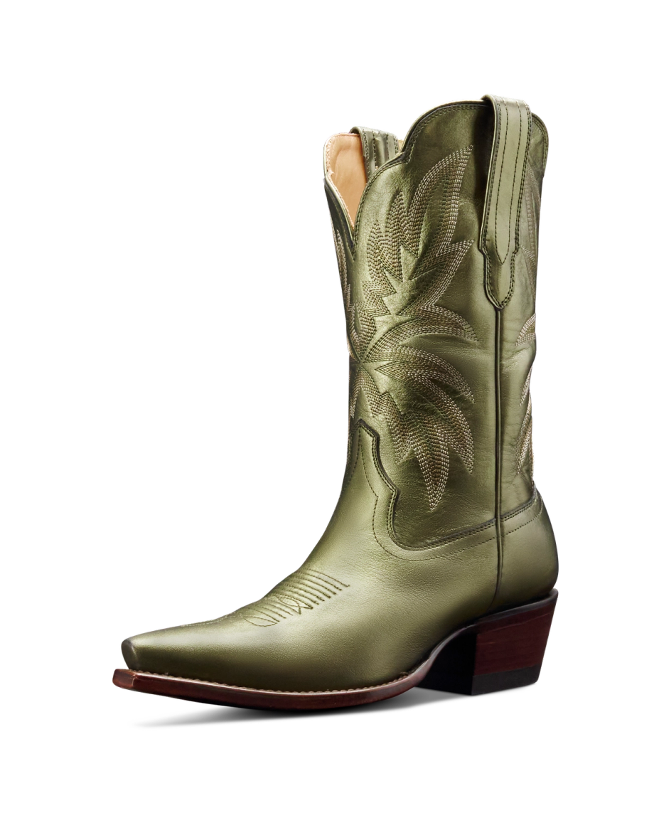 Quarterfront view of The Sadie - Olive Cowhide on plain background