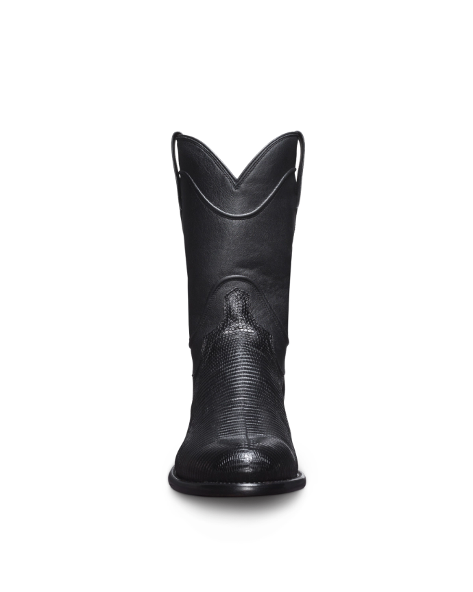 The Nash Lizard Midnight cowboy boot is shown from the front against a white background, showcasing its sleek black leather finish.