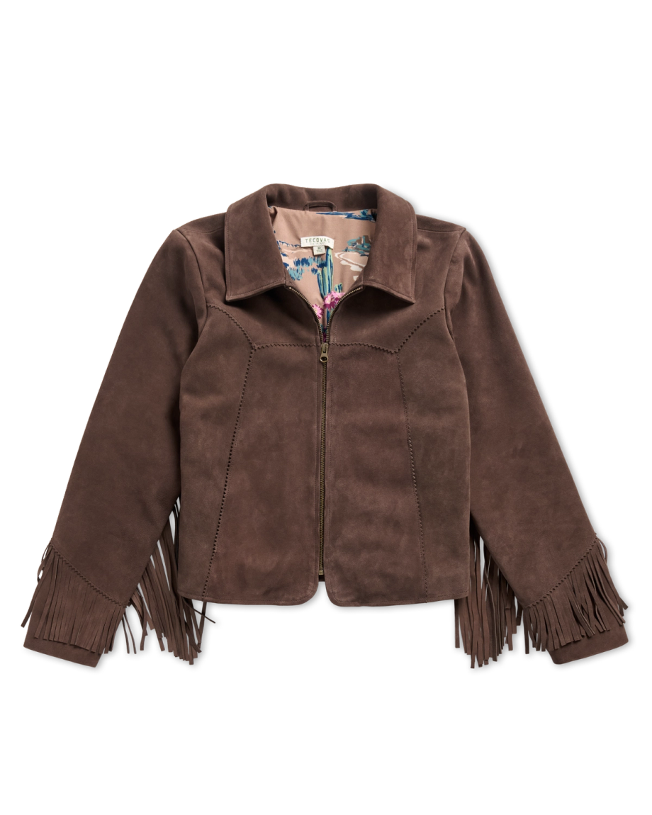 Closeup detail view of Women's Suede Fringe Jacket - Chocolate Brown