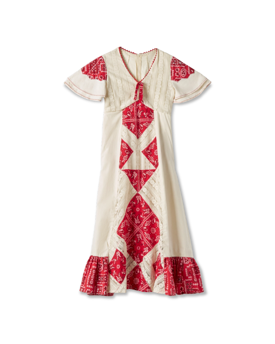 Front view of Tecovas x Cathy Hahn Vintage Bandana Patchwork Dress - Ivory / Crimson on plain background