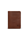 Brown leather wallet with a minimalist design, featuring a small embossed logo on the bottom right corner, set against a black background.