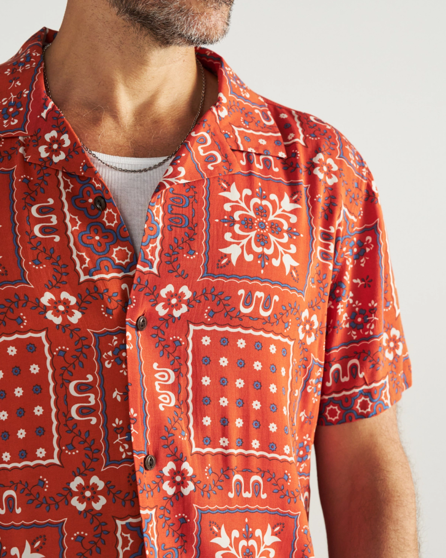 Closeup detail view of Men's Lakeside Camp Shirt - Terracotta/Multi