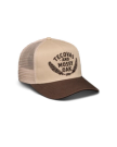 A beige and brown trucker hat with mesh back, featuring "Tecovas and Mossy Oak" text and two feather graphics on the front.