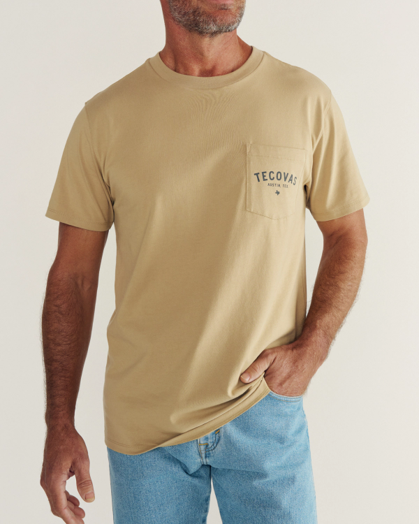 Closeup detail view of Men's Fine Makers Pocket Tee (III) - Khaki / Black