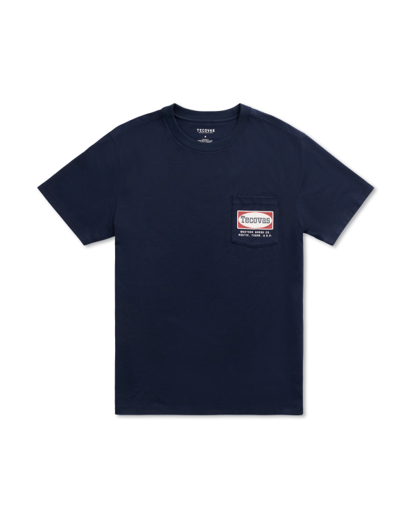 Closeup detail view of Men's Oval Tecovas Pocket T-Shirt - Navy/Red