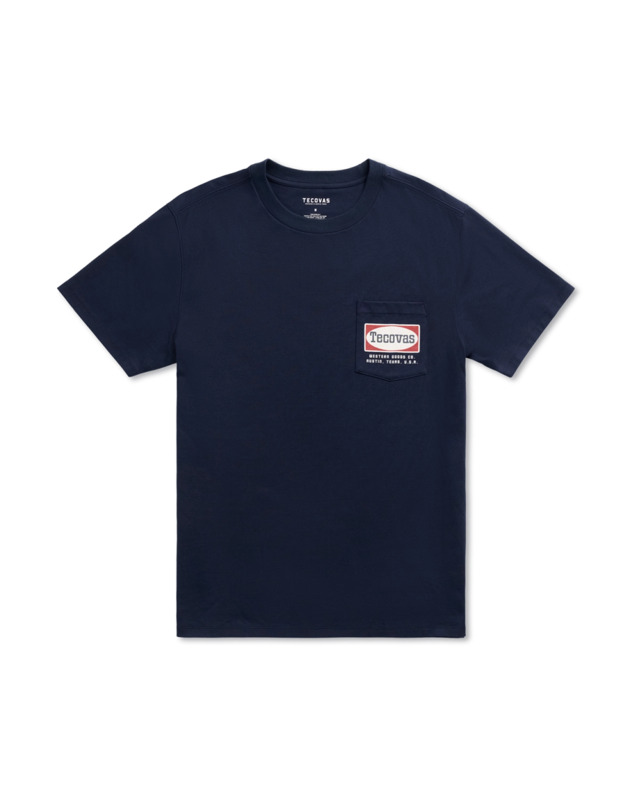 Closeup detail view of Men's Oval Tecovas Pocket T-Shirt - Navy/Red