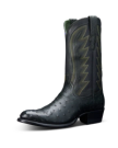 A single black cowboy boot with decorative stitching and a short heel, set against a black background.