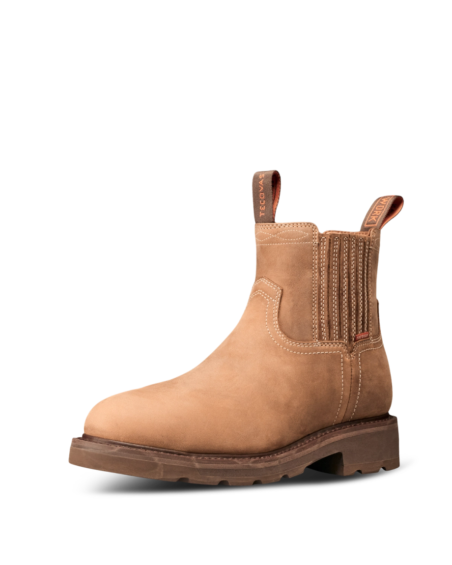 Quarterfront view of Women's LongHaul Waterproof Chelsea Composite Toe Work Boot - Heritage Tan Cowhide on plain background