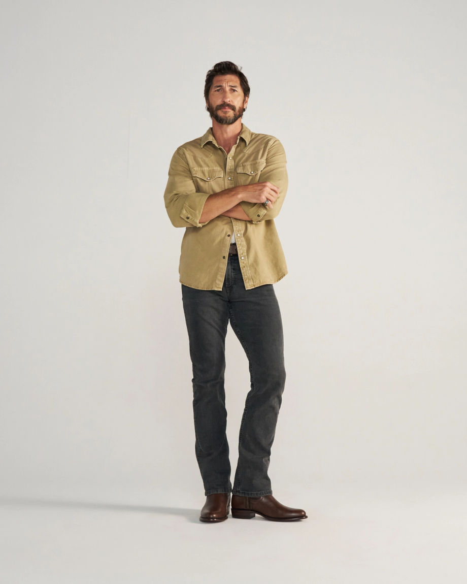 Full view of The Dean - Iced Tea Cowhide on model